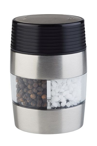 APS Moulin à sel et poivre 2 en 1, 6 x 4,5 cm, hauteur : 9,5 cm, acier inoxydable, acrylique, broyeur en céramique, niveau de mouture réglable, 40544