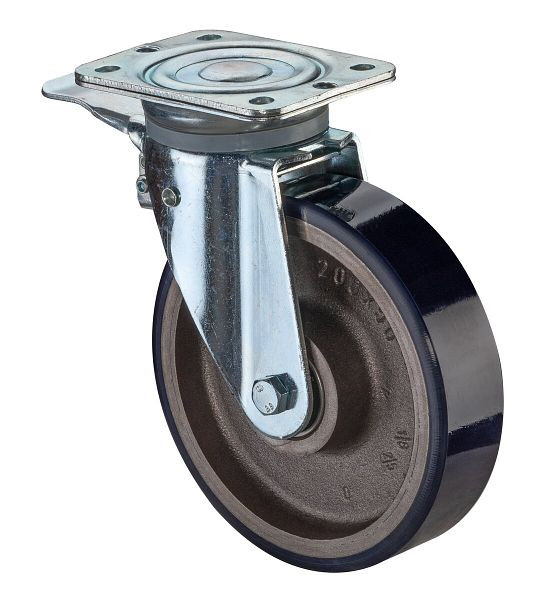 Roulettes BS Roulette robuste avec frein, largeur 50 mm, Ø150 mm, jusqu'à 500 kg, bande de roulement polyuréthane moulé 78 Shore A, fonte, roulement à billes, N120.C11.151