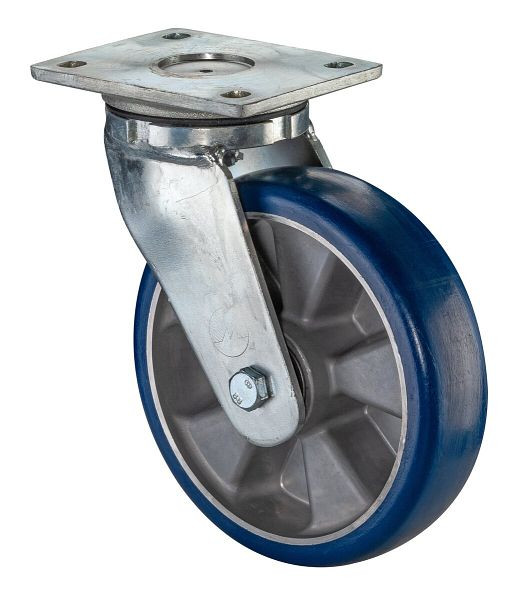 Roulette pivotante pour charges lourdes BS Rollers, roue en polyuréthane 83 Shore, jante en aluminium, roulement à billes, platine, diamètre : 200 mm, RR100.B92.200