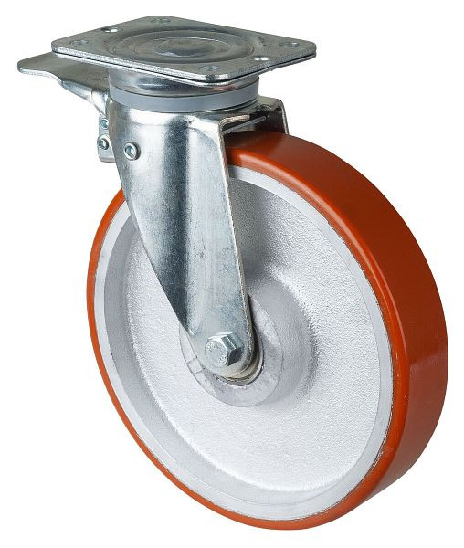 Roulettes BS Roulette robuste avec frein, largeur 50 mm, Ø250 mm, jusqu'à 600 kg, polyuréthane coulé 95 Shore A, corps de roue coulé, roulement à billes, N120.C10.251