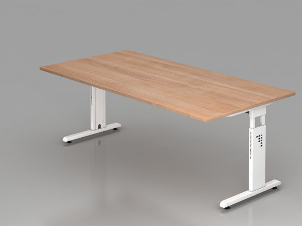 Bureau Hammerbacher pied C 200x100cm noyer/blanc, hauteur de travail 65-85 cm, VOS2E/N/W