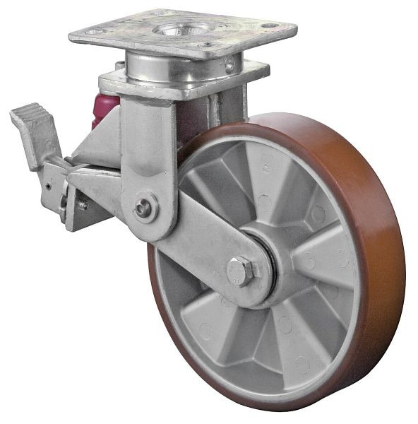 Roulettes BS Roulettes fortes charges à ressorts avec freins, largeur 50 mm, Ø200 mm, jusqu'à 600 kg, polyuréthane coulé 95 Shore A, aluminium, roulements à billes, T120.B90.200