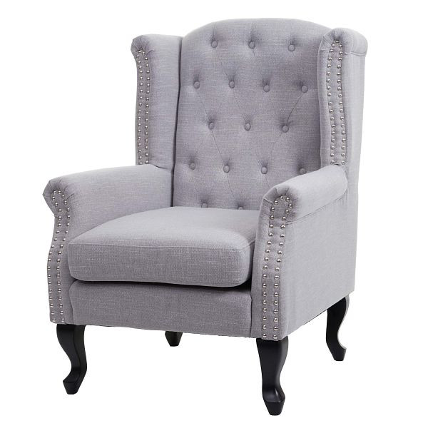 Fauteuil Mendler Chesterfield, fauteuil relax fauteuil club fauteuil à oreilles, tissu/textile déperlant, gris sans pouf, 69725+69726