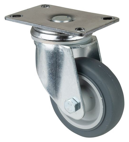 Roulettes BS Roulette pour appareils lourds, largeur de roue 21 mm, roue Ø 80 mm, capacité de charge 80 kg, caoutchouc gris, palier lisse, platine, lot de 4, C100.A80.081