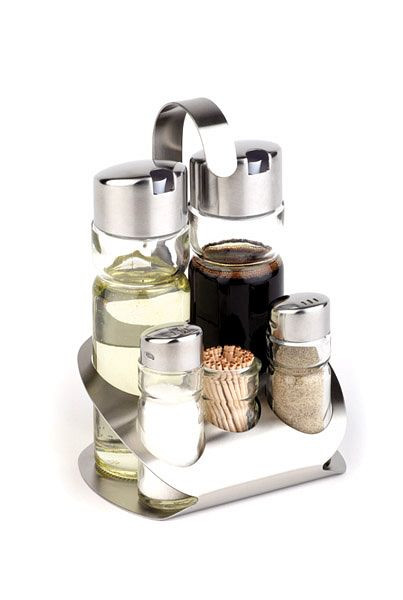 APS Huilier 5 pièces -Pro-, 13 x 11 cm, hauteur : 19 cm, acier inoxydable, verre, PP, cure-dents poivre-sel-vinaigre-huile, poivrière/salière en verre, 40480