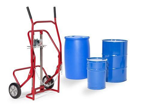 Diable porte-fûts DENIOS Secu Comfort en acier, pour fûts acier/plastique, électroconducteur, 250-280