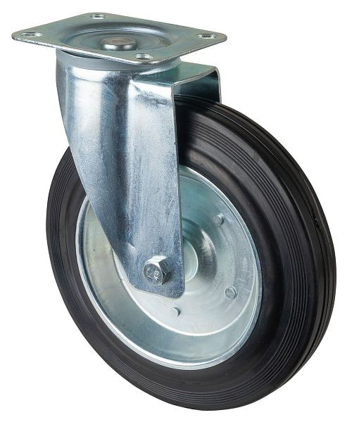 Rouleau de transport BS rollers, largeur de roue 50 mm, roue Ø 250 mm, capacité de charge 250 kg, caoutchouc noir, corps de roue jante en acier, roulement à rouleaux, platine, L400.B55.250