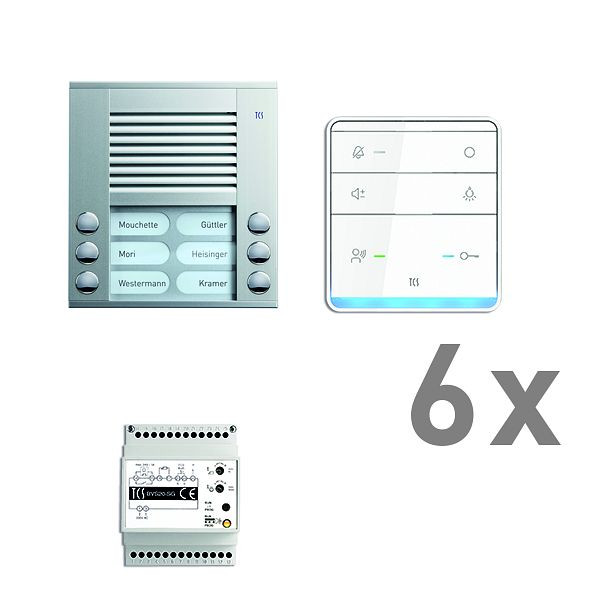 Système de commande de porte audio TCS : pack AP pour 6 unités résidentielles, avec poste extérieur PES 6 boutons de sonnerie, 6x haut-parleur mains libres ISW5010, unité de contrôle BVS20, PAAF062 / 003