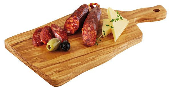 Planche de service APS -OLIVE-, 25 x 16 cm, hauteur : 1,5 cm, bois (olivier), manche : 8 cm, 00876