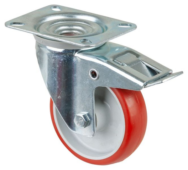 Rouleau de transport BS rollers avec frein, largeur 30 mm, Ø100 mm, jusqu'à 125 kg, polyuréthane rouge, roulement à rouleaux, platine, lot de 2, L420.B31.100