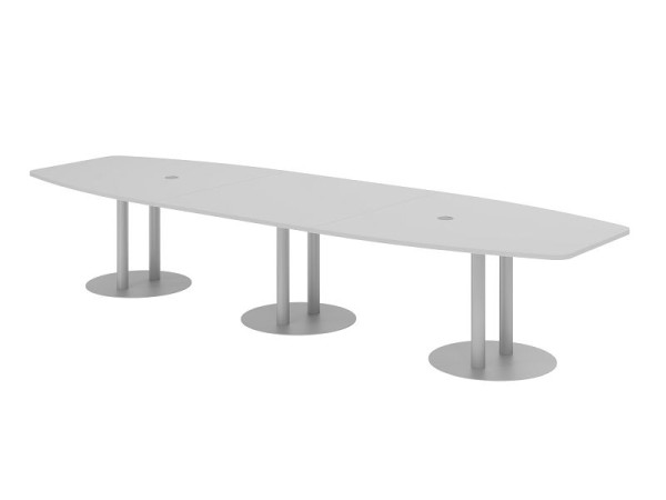 Table de conférence Hammerbacher KT40S, 400 x 130 cm, plateau : gris, épaisseur 25 mm, avec trois pieds colonnes argentés, 7,6/70 cm, hauteur de travail 74 cm, VKT40S/5/S