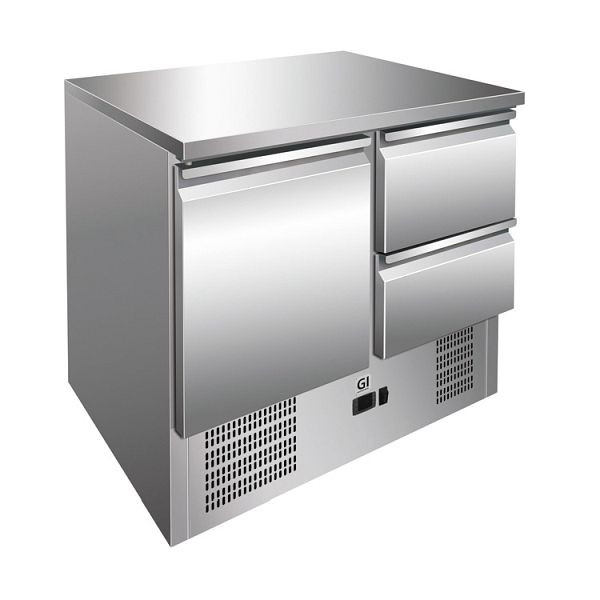 Table de refroidissement Gastro-Inox en acier inoxydable avec 1 porte et 2 tiroirs, refroidissement par convection, capacité nette 257 litres, 202.011