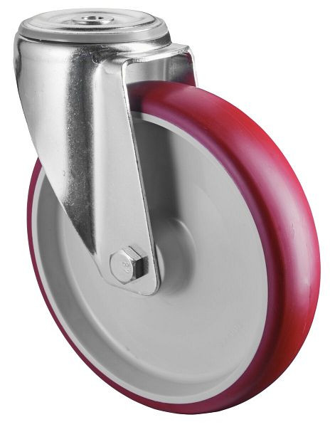Rouleau de transport BS rollers, largeur de roue 45 mm, roue Ø 200 mm, capacité de charge 250 kg, bande de roulement polyuréthane rouge, corps de roue en plastique, roulement à rouleaux, L101.B31.200