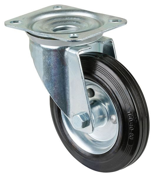 Rouleau de transport BS rollers, largeur 40 mm, Ø160 mm, jusqu'à 135 kg, bande de roulement en caoutchouc noir antistatique, corps de roue jante en acier, roulement à rouleaux, platine, L400.B58.160