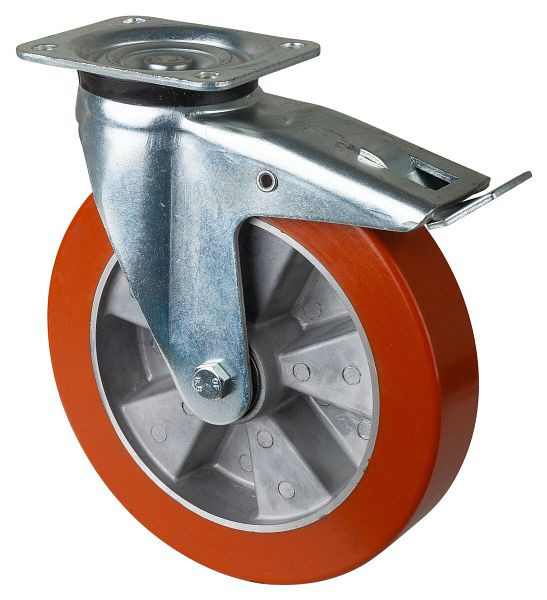 Roulettes BS Roulette forte charge avec frein, largeur 50 mm, Ø250 mm, jusqu'à 1000 kg, polyuréthane coulé 95 Shore A, corps en aluminium, roulement à billes, L620.B90.250