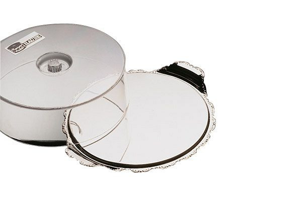 Plat à gâteau APS avec couvercle, Ø 30 cm, hauteur : 10 cm, plat à gâteau : inox 18/0, avec bord baroque, couvercle : polystyrène, 06503