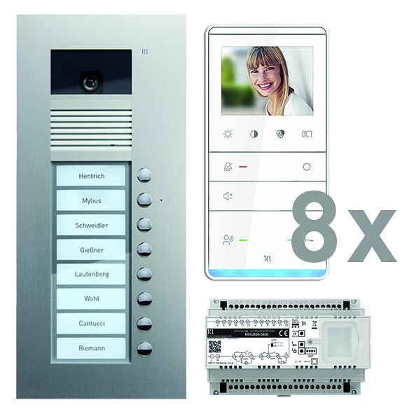 Vidéo du système de commande de porte TCS : pack UP pour 8 unités d'habitation, avec platine de rue AVU 8 boutons de sonnerie, 8x haut-parleur mains libres vidéo IVW5111, unité de commande, PVU17080-0010