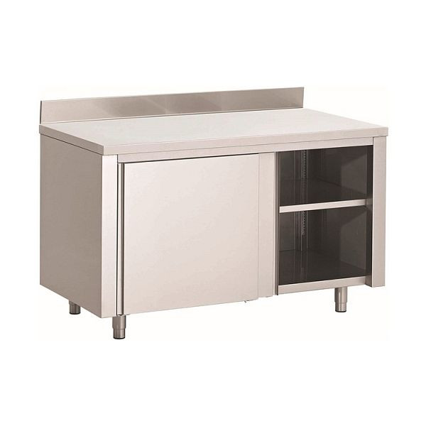 Meuble de travail Gastro-Inox en acier inoxydable AISI 430 avec portes coulissantes et dosseret, 1000x600x850mm, renforcé de 18mm d'épaisseur, aggloméré enduit, 302.101
