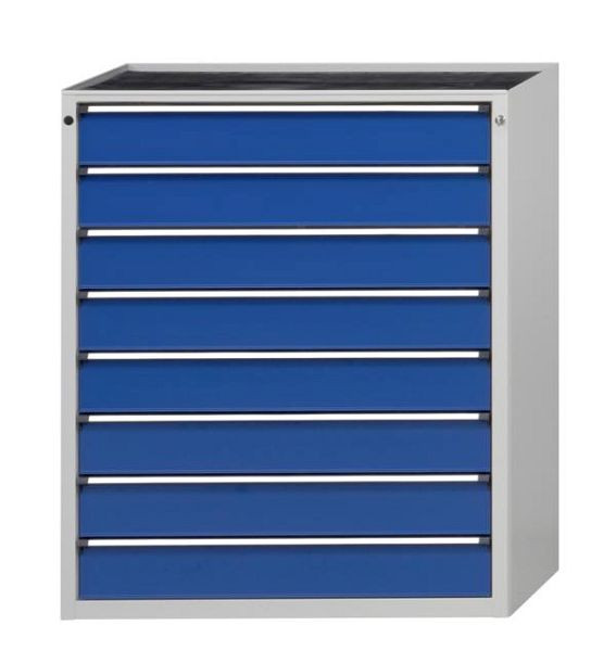 Armoire à outils ANKE; 1065 x 700 x 1320 mm; RAL 7035/5010; Plateau en hêtre massif 40 mm; 8 tiroirs, 610.503