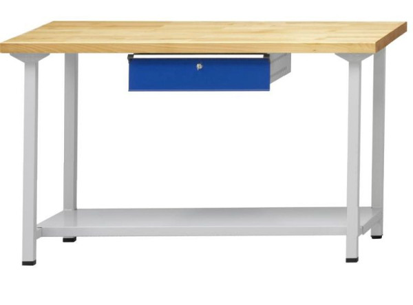 Table de travail ANKE; 1500x800 mm; RAL 7035/5010; 1xHängeschublade; 1x étagère de rangement en tôle d'acier de 600 mm de profondeur