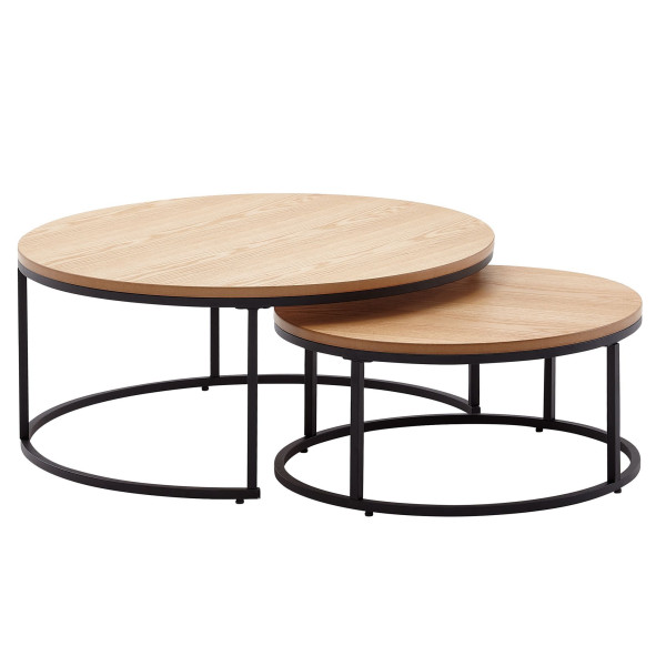 Wohnling Lot de 2 tables basses rondes en bois et métal en chêne - Table d'appoint au design moderne - 2 pièces - Tables de salon rondes - Tables gigognes en bois WL6.507