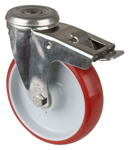Rouleau de transport en acier inoxydable avec frein, W32 mm, Ø125 mm, jusqu'à 130 kg, surface en polyuréthane rouge, corps en plastique, roulement lisse, H121.B26.125