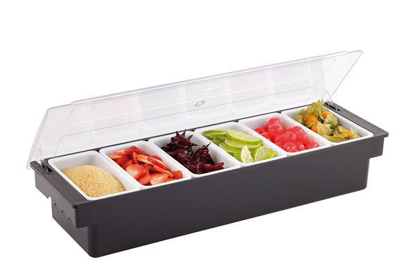 Récipient à ingrédients APS, 50 x 16 cm, hauteur : 10 cm, ABS, PC, PP, 6 compartiments de 500 ml chacun, avec couvercle (givré), 93171