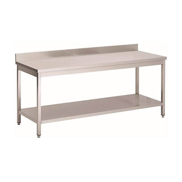 Table de travail Gastro-Inox en acier inoxydable AISI 430 avec base et dosseret, 900x700x850mm, renforcée de 18 mm d'épaisseur, aggloméré enduit, 301.118