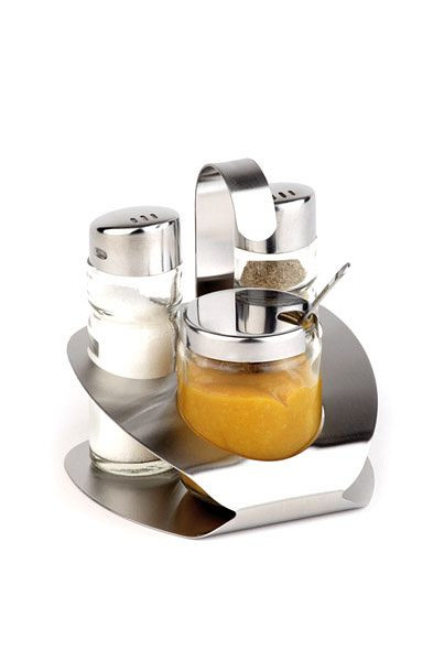 APS Huilier 3 pièces -Pro-, 10 x 10 cm, hauteur : 11,5 cm, acier inoxydable mat/verre, poivre - sel - moutarde, poivrière/salière en verre, 40474