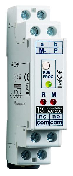 Relais d'ouverture de porte TCS pour une ouverture de porte ciblée avec plus d'un poste de porte d'entrée pour 32 unités résidentielles, rail DIN 1 TE, FAA1250-0400