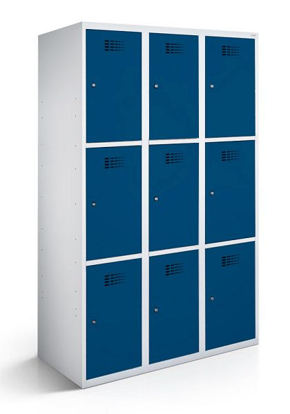Armoire vestiaire KEMMLIT avec 3 compartiments et 9 portes 40cm avec fond fermé, bleu gentiane 5010, serrure à cylindre, 100584