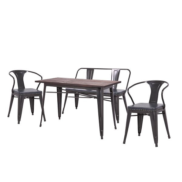 Ensemble de salle à manger Mendler HWC-H10, 2x chaise de salle à manger, banc, table de salle à manger, simili cuir bois d'orme FSC Industrial gastronomy, gris, 72439+72470+72484