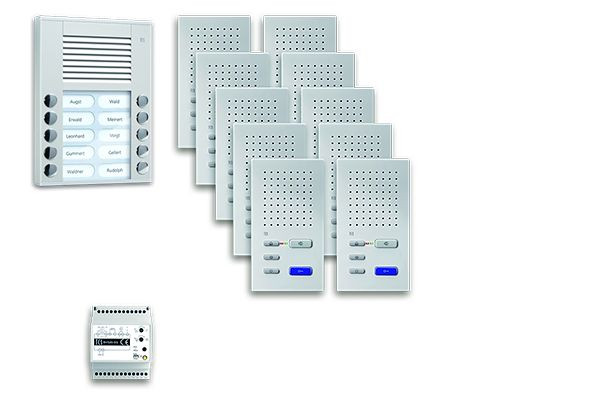 Système de commande de porte audio TCS : pack AP pour 10 unités résidentielles, avec poste extérieur PES 10 boutons de sonnerie, 10x haut-parleur mains libres ISW3030, unité de contrôle, PPAF10-EN / 02