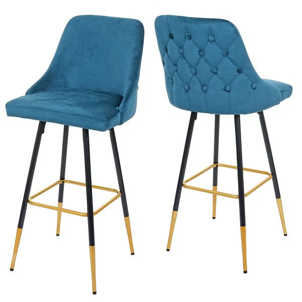 Ensemble de 2 tabourets de bar Mendler HWC-E70, tabouret de comptoir de tabouret de bar, entretoises/pieds dorés en velours design rétro, pétrole, 68666