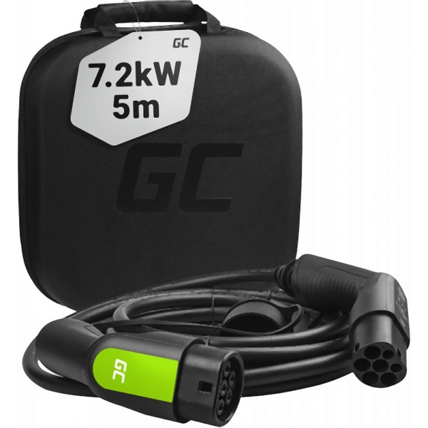 Câble Green Cell GC type 2 7.2kW, câble de charge (EV / PHEV, chargeur de batterie, 5m, 32A, pour EV Tesla, Leaf, Ioniq, Kona, E-tron, Zoe), EV09