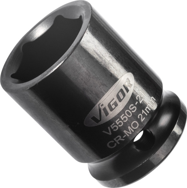 Douille pour clé à chocs VIGOR, courte, carrée creuse 12,5 mm (1/2 pouce), profil à six pans extérieurs, 21 mm, V5550S-21