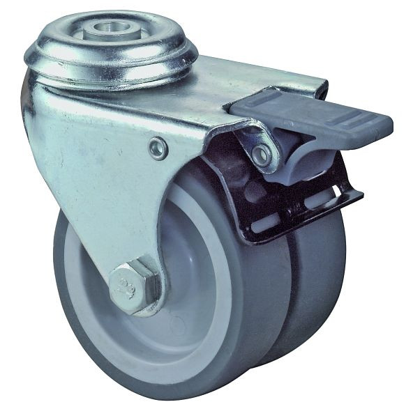 Appareil à rouleaux BS double rouleau avec frein, largeur 2x24 mm, Ø75 mm, jusqu'à 80 kg, bande de roulement en caoutchouc gris, palier lisse, lot de 4, B121.A80.075