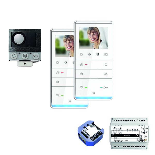 Boîte vocale encastrable vidéo TCS, 2 unités résidentielles, haut-parleur encastrable ASI12000 + 2x haut-parleur mains libres IVW5111, appareil de commande + transmetteur vidéo bifilaire, PVIF020/001