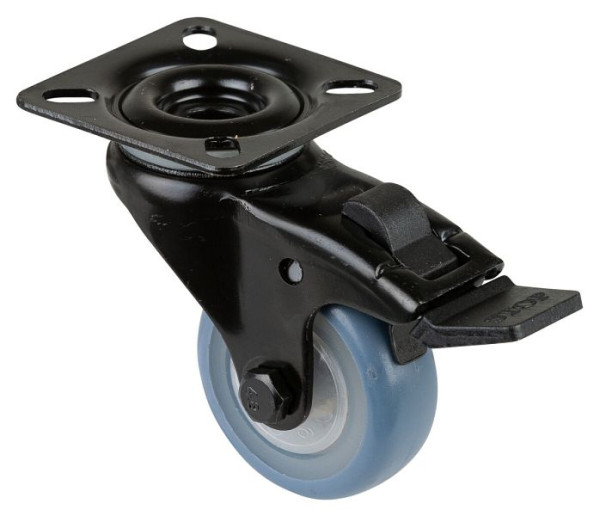 BS Castors Roulette pivotante avec frein noir, roue en caoutchouc thermoplastique bleu clair, roulement à billes, platine, diamètre : 50 mm, lot de 8, A820.A85.050.05
