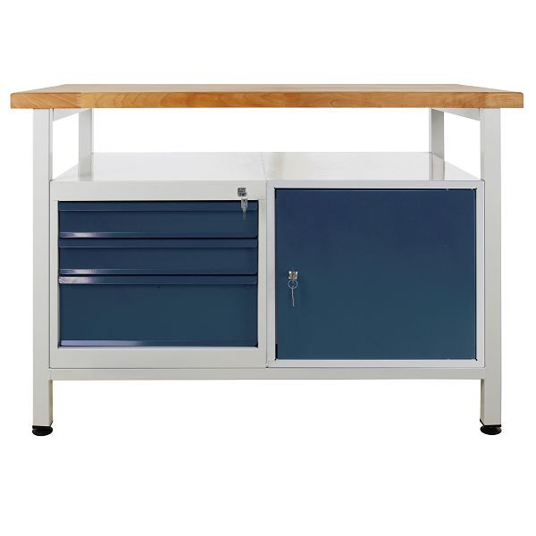 Etabli ADB 1 porte + 3 tiroirs, étagère, dimensions : 1200x600x840mm (LxPxH), table de travail : gris, RAL 7035, couleur porte/tiroir : gris anthracite (RAL 7016), 42928