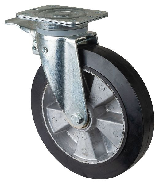 BS Rolls Roulette robuste avec frein, largeur 50 mm, Ø250 mm, jusqu'à 550 kg, bandages élastiques noirs, corps de roue en aluminium, roulements à billes, N120.B80.251