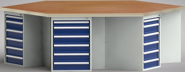 Etabli standard KLW de forme hexagonale avec plateau multiplex en hêtre de forme hexagonale 2338 x 2700 x 40 mm L x l x P, WS620N-1350M40-E8011