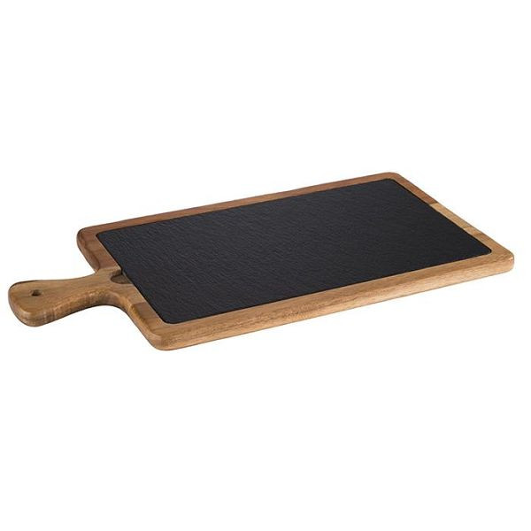 Planche de service APS, 2 parties, 33 x 20 cm, hauteur : 2 cm, bois d'acacia, ardoise naturelle, manche : 8 cm, avec trou de suspension : Ø 1 cm, 00811