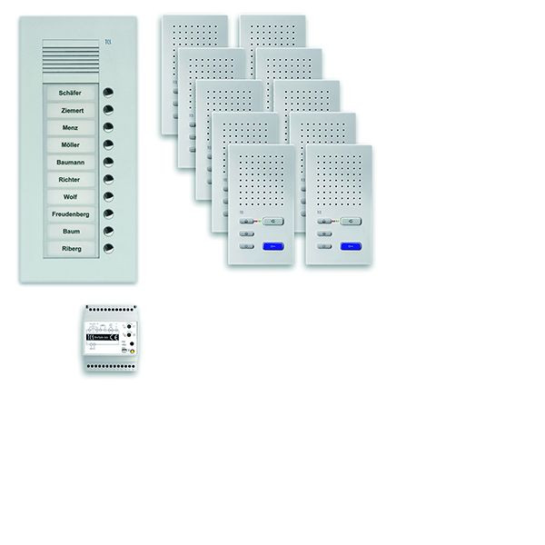 Système de commande de porte audio TCS : pack UP pour 10 unités résidentielles, avec poste extérieur PUK 10 boutons de sonnerie, 10x haut-parleur mains libres ISW3030, commande, PPUF10-EN / 02