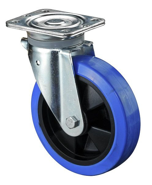 Roulette robuste BS Wheels, largeur de roue 50 mm, roue Ø 200 mm, capacité de charge 400 kg, bandages élastiques bleus, corps de roue en plastique, roulement à rouleaux, N100.B61.200