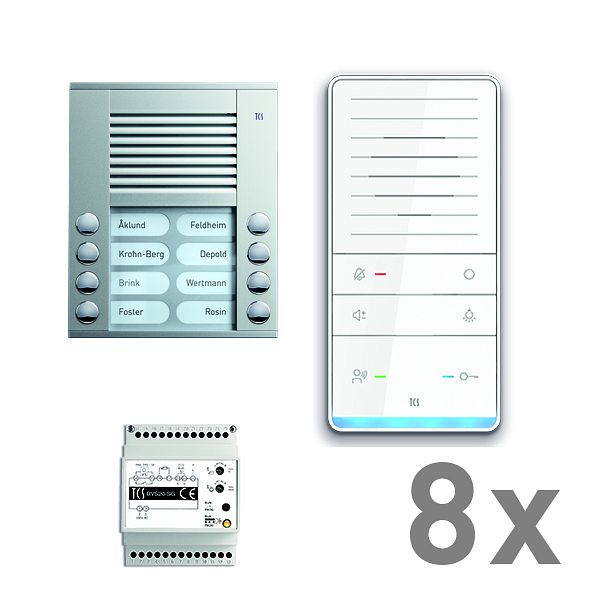 Système de commande de porte audio TCS : pack AP pour 8 unités résidentielles, avec poste extérieur PES 8 boutons de sonnerie, 8x haut-parleur mains libres ISW5031, unité de contrôle BVS20, PAAF082 / 001