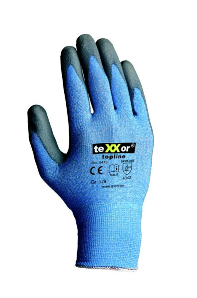 Gants tricotés de protection contre les coupures teXXor REVÊTEMENT POLYURÉTHANE, taille : 10, couleur : gris/bleu clair chiné, paquet : 240 paires, 2419-10
