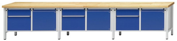 Établi d'armoire ANKE; 3 postes de travail; 4050x700 mm; RAL 7035/5010; Gauche 2 tiroirs 180, 360 mm; Droite 1 porte 540 mm