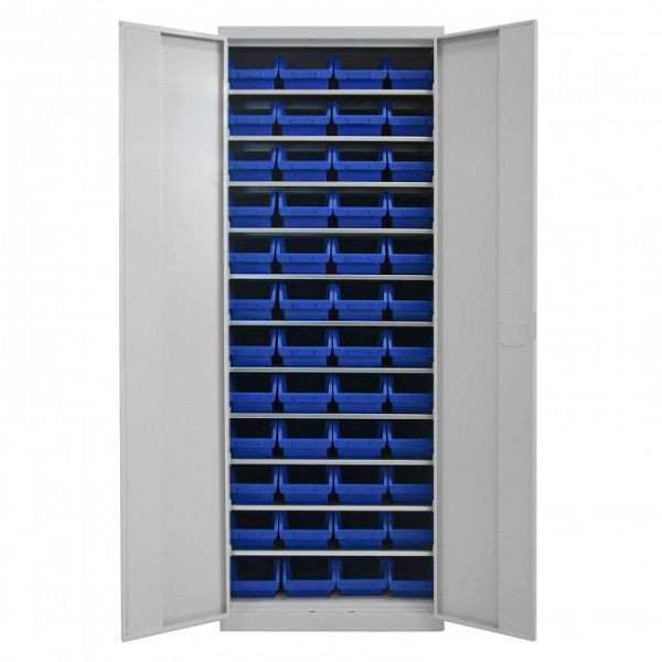 Armoire à portes battantes ADB avec 48 caissons de rangement et étagères visibles, dimensions LxLxH : 170x240x126 mm, couleur : bleu, 40825