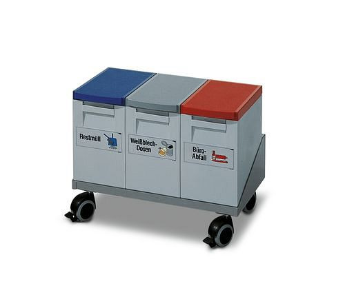 Station de recyclage DENIOS composée de 3 bacs de collecte de 15 litres et d'un chariot, 116-002